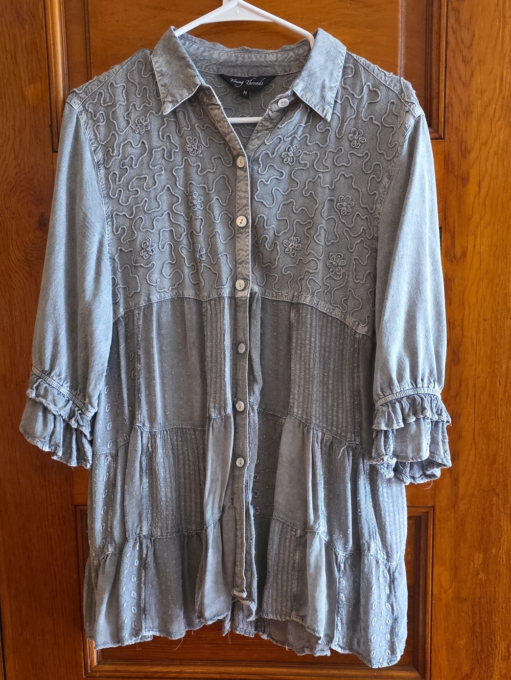 Young Threads Mineral Washed Gray Embroidered Button Up Tunic